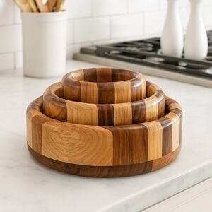 Set of 3 Handmade Bi-Colored Striped Wood Nesting Bowls